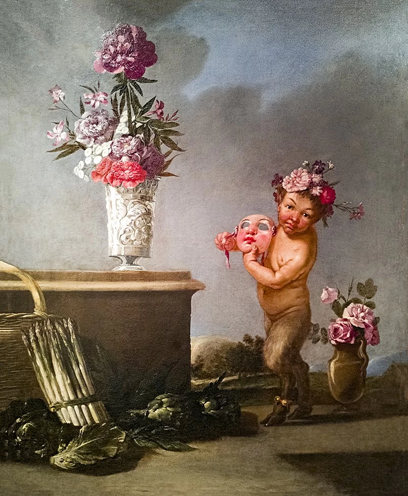 Ca' Rezzonico - Faunetto con maschera, natura morta e due vasi di fiori